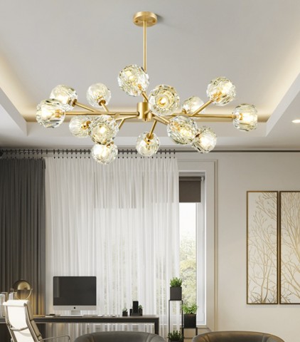 BỘ ĐÈN THẢ TRẦN CHÓA THỦY TINH HÌNH BẦU DỤC, KHUNG ĐÈN BẰNG KIM LOẠI MẠ XI VÀNG