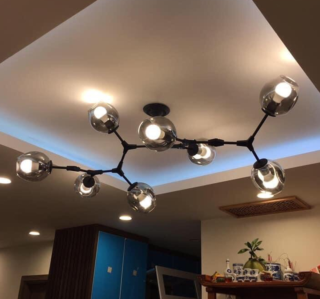 ĐÈN THẢ TRẦN CHÓA THỦY TINH HÌNH HẠT ĐẬU, THÂN SẮT SƠN TĨNH ĐIỆN MÀU ĐEN - 8 TAY