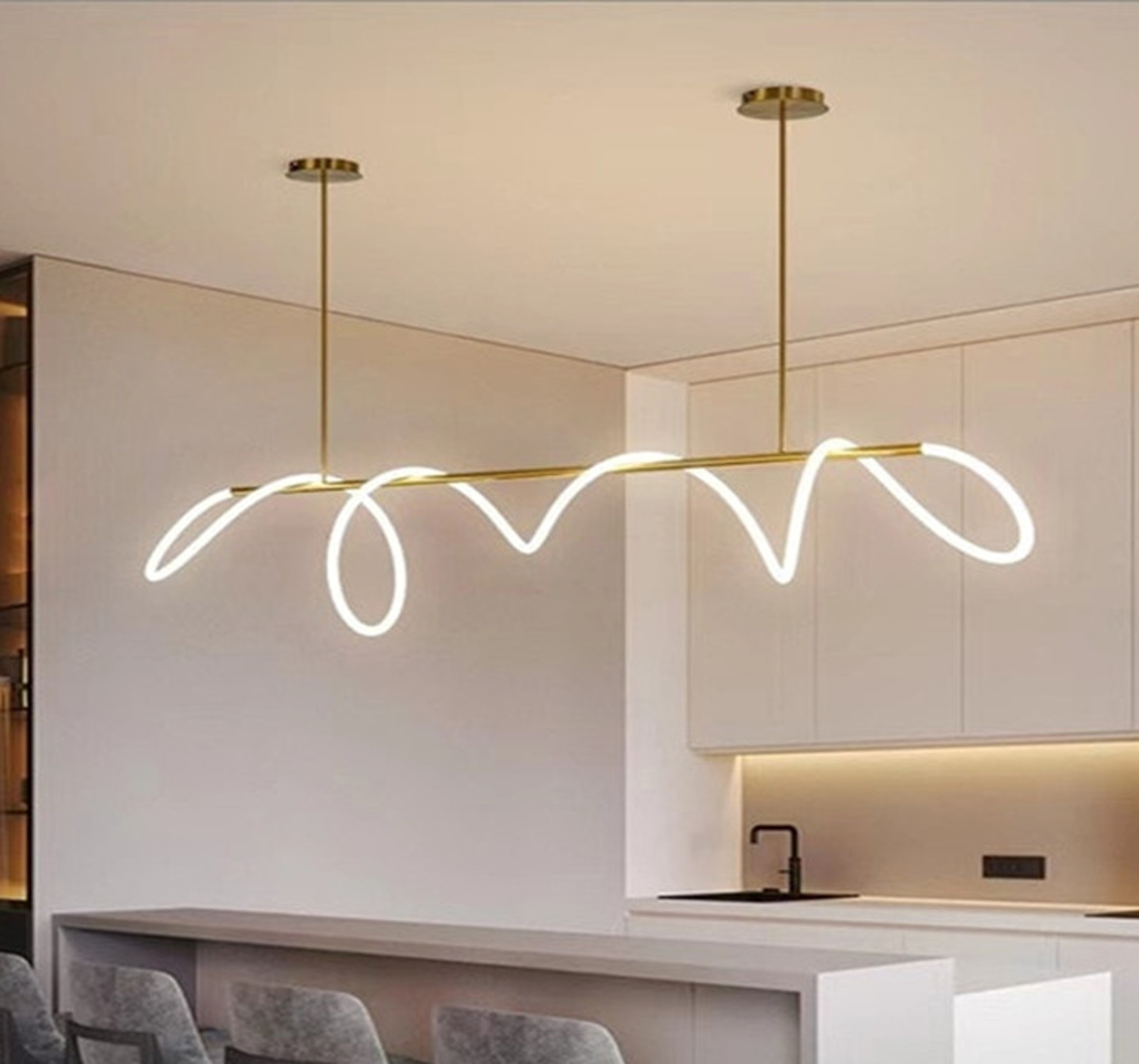 BỘ ĐÈN THẢ TRẦN KHUNG KIM LOẠI XI MẠ VÀNG, DÂY LED CUỐN HÌNH LÒ XO